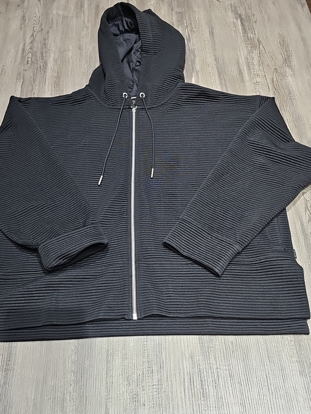 DKNY Black Ribbed Zip-Front Hoodie